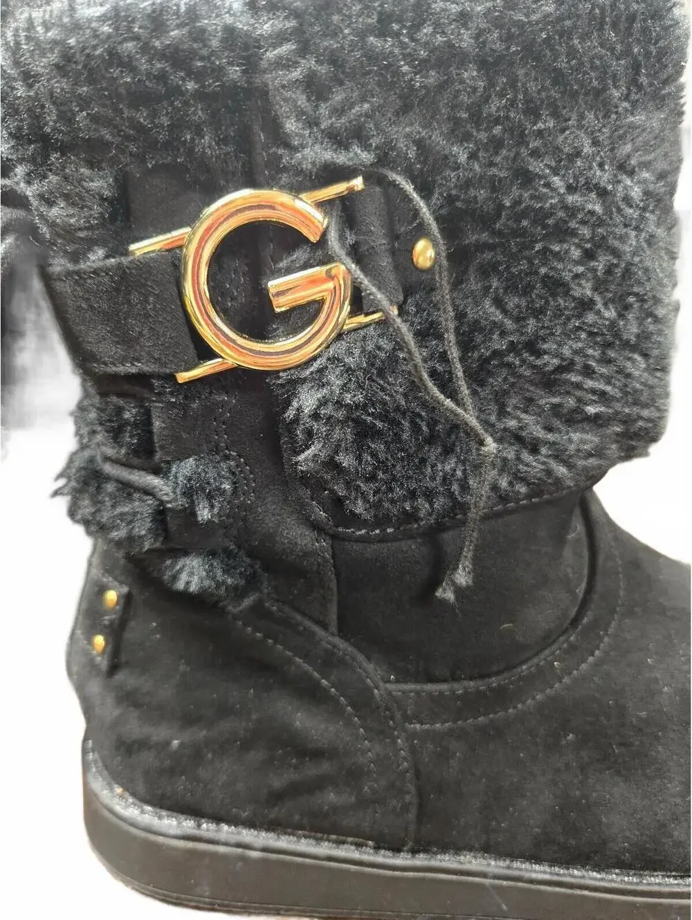 Guess Black Suede and Faux Fur Winter Boots with Gold G Logo